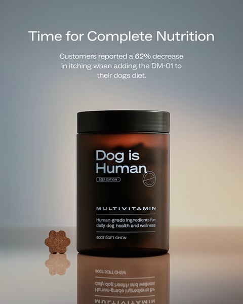 This ad features a clean, professional product shot of a dog multivitamin jar alongside a specific 62% reduction statistic to establish trust and efficacy.
